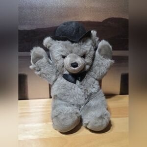 Gray Teddy Bear with Black Hat and Bow Tie Vintage Retired 1987 Grey Applause Te